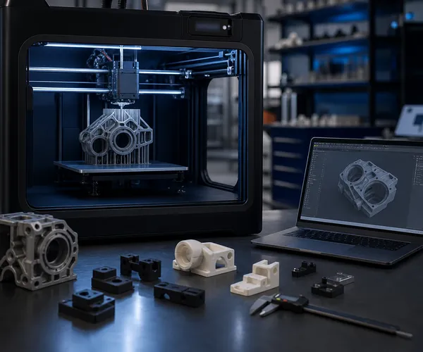 3D printer producing a prototype part in a modern workshop