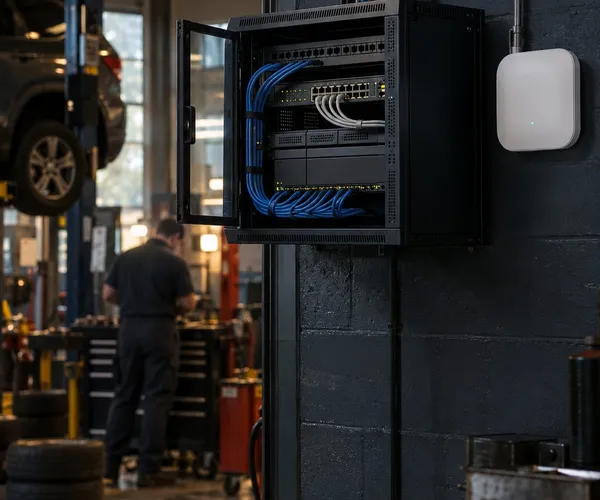 Network cabinet beside an auto repair shop service bay