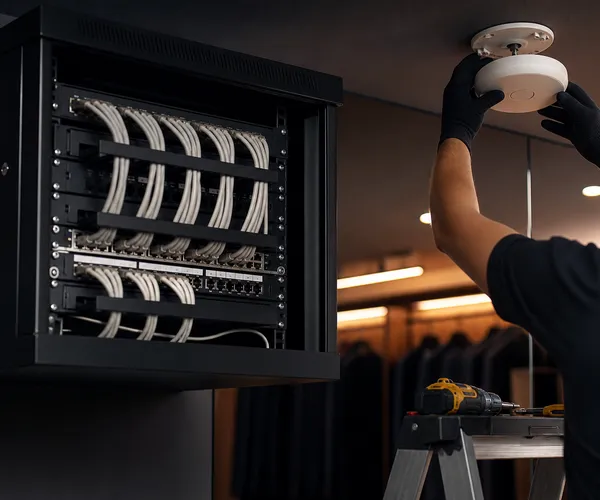 Technician installing ceiling network equipment beside a cabled rack