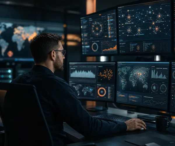 Analyst reviewing security dashboards across several screens