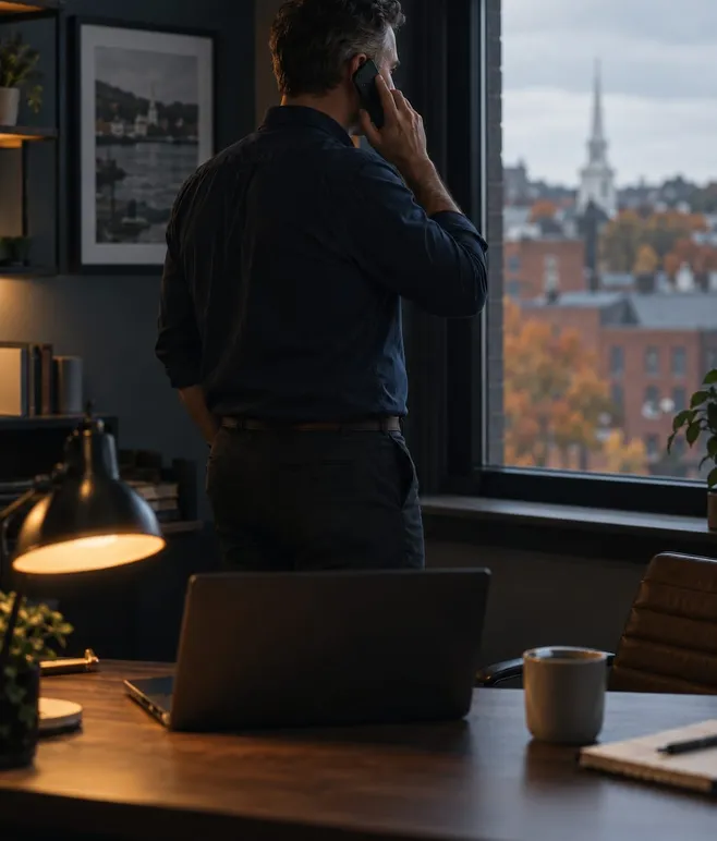 Business owner on a call in a small office