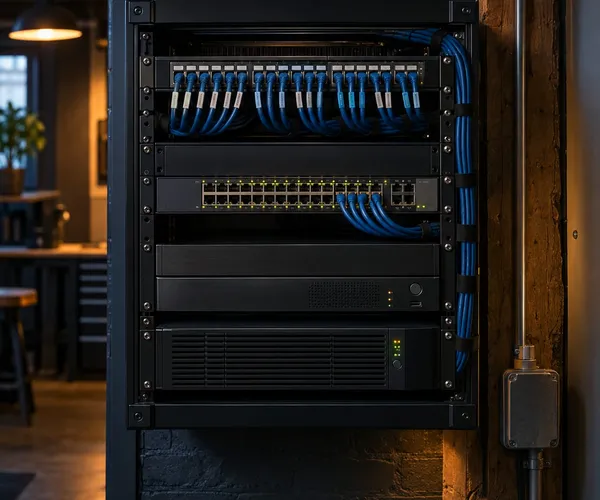 Wall-mounted network rack with switch, recorder and backup power