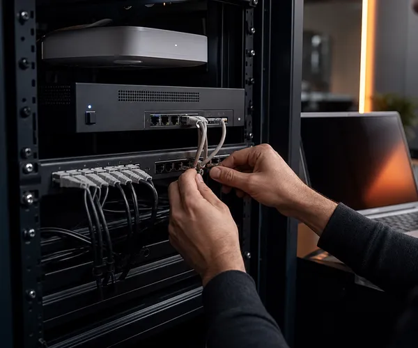 Technician connecting network cables in an equipment rack