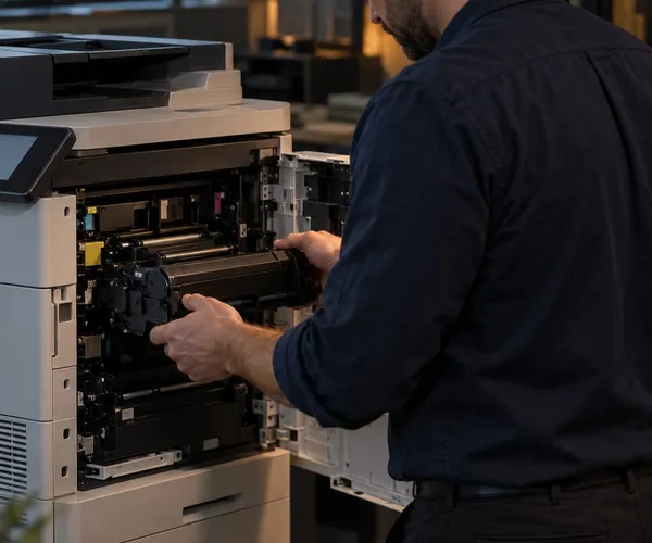 Technician servicing an office multifunction printer