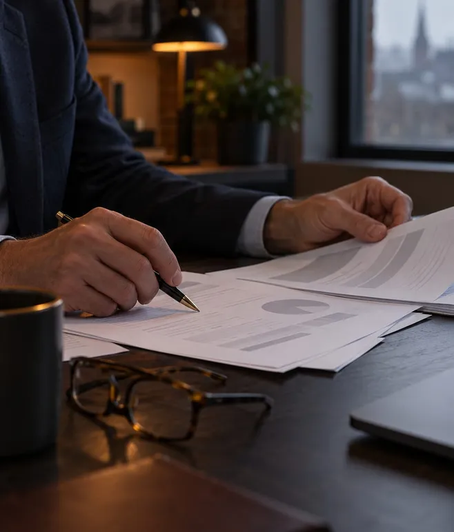 Reviewing printed proposal pages at a desk