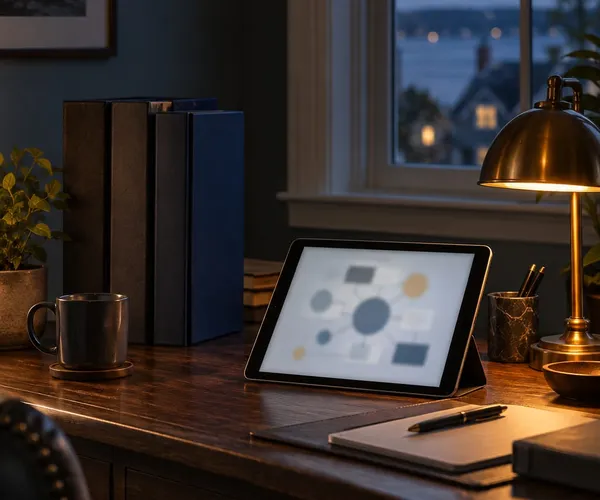 Desk with planning binders and a tablet