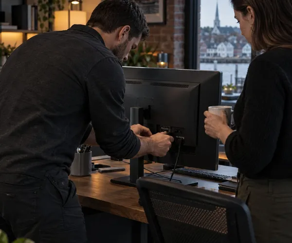 Field technician reconnecting a monitor at a client's desk