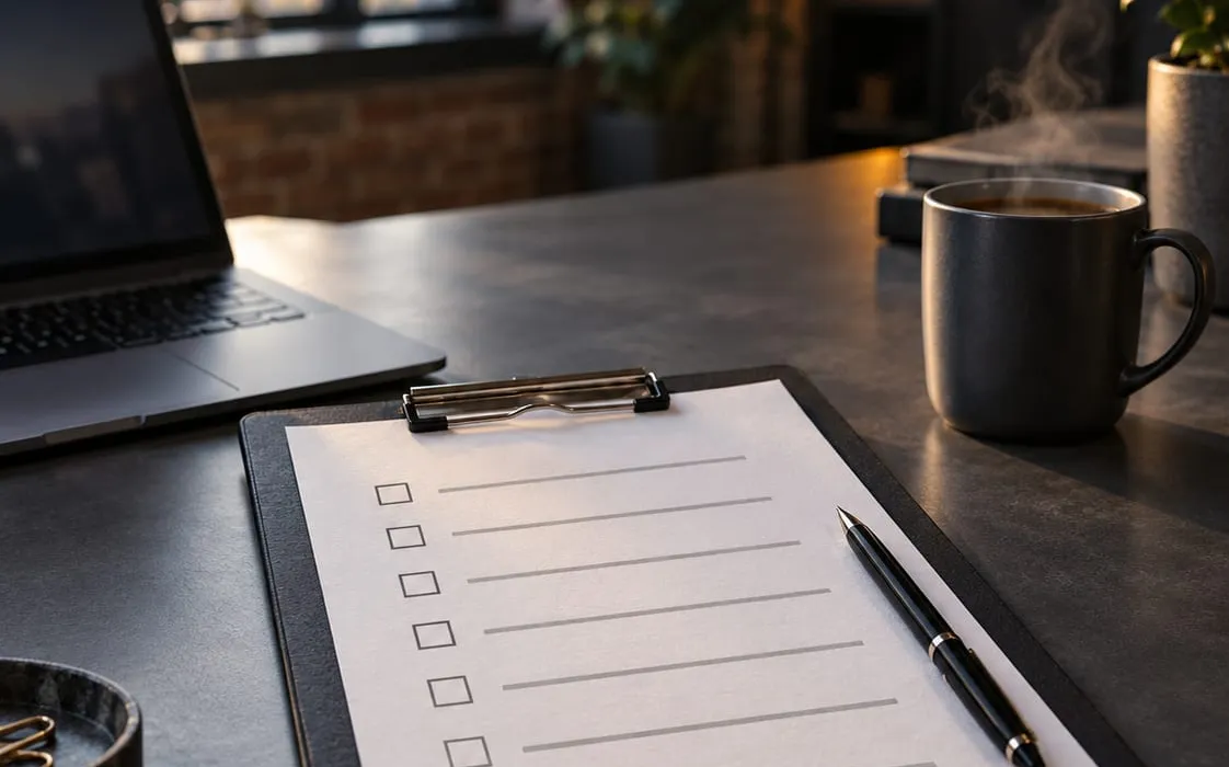 Checklist beside a laptop