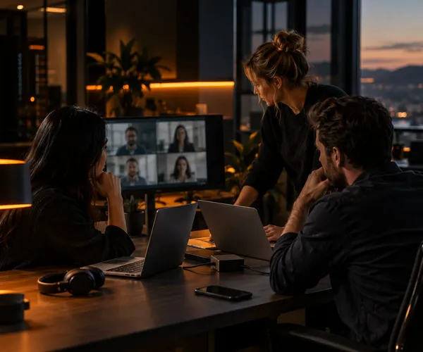 Hybrid team meeting with remote colleagues on a display