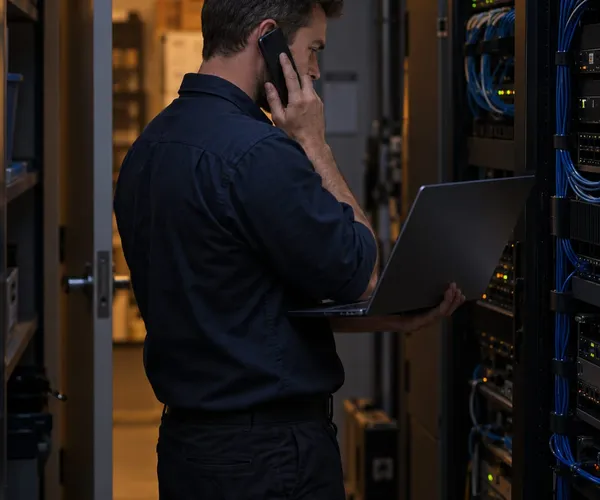 Technician coordinating with a vendor from a server closet