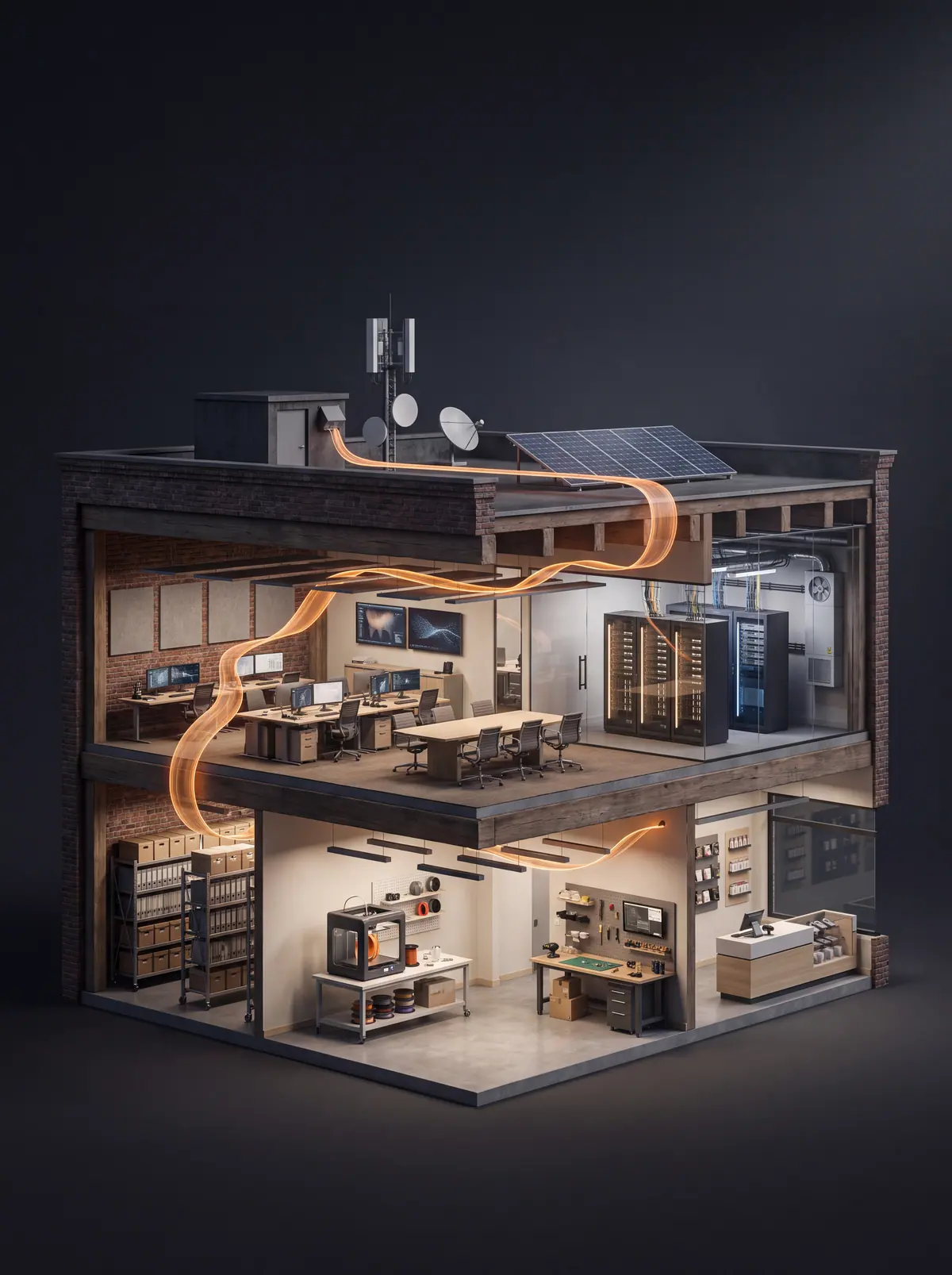 Illustration of a two-storey business building in cutaway: offices, a server room and a workshop on separate floors, connected by glowing orange cabling that runs through the whole building.