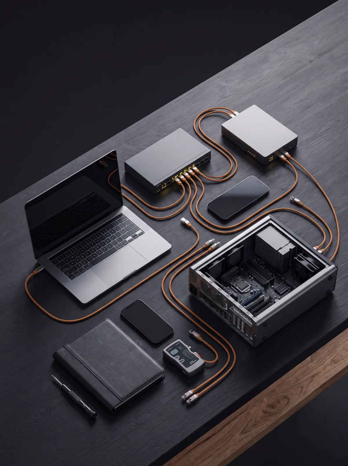 Illustration of a dark desk seen from above with a laptop, a network switch, a small computer chassis, a phone and a notebook joined by glowing orange cables.