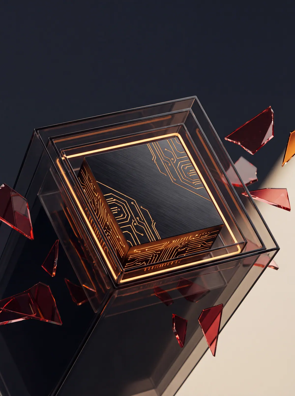 Abstract illustration of a dark glass cube with a glowing orange circuit pattern inside and red glass shards scattered around it.