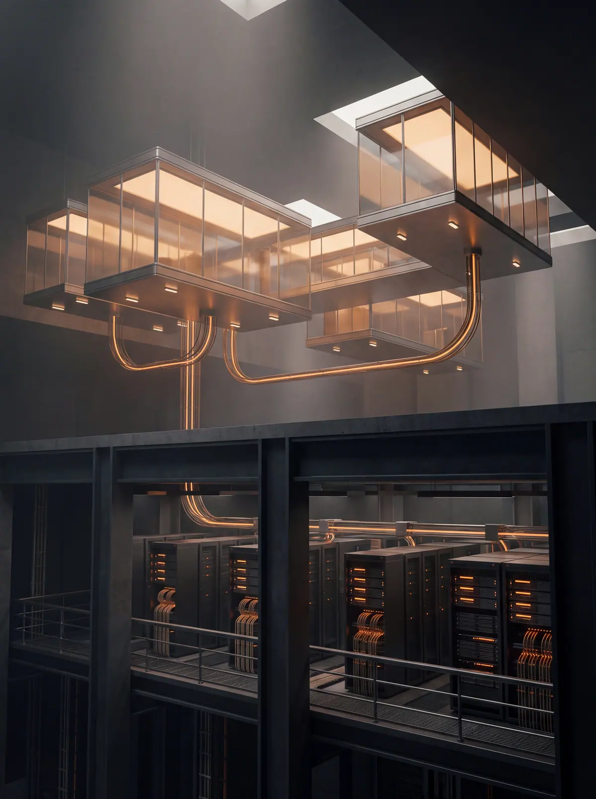 Illustration of a dark server room with racks below and glowing glass floors above, joined by orange conduits, suggesting cloud and on-site systems working together.