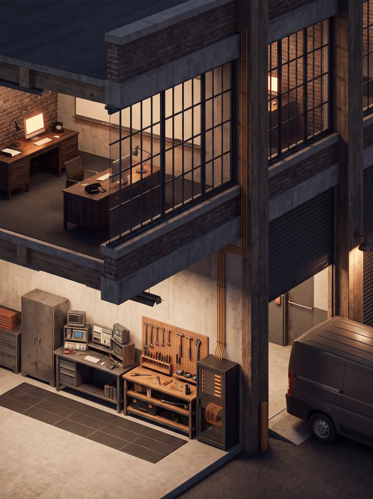 Illustration of a cutaway brick-and-steel commercial building with an office level above and a workshop with a work van below.