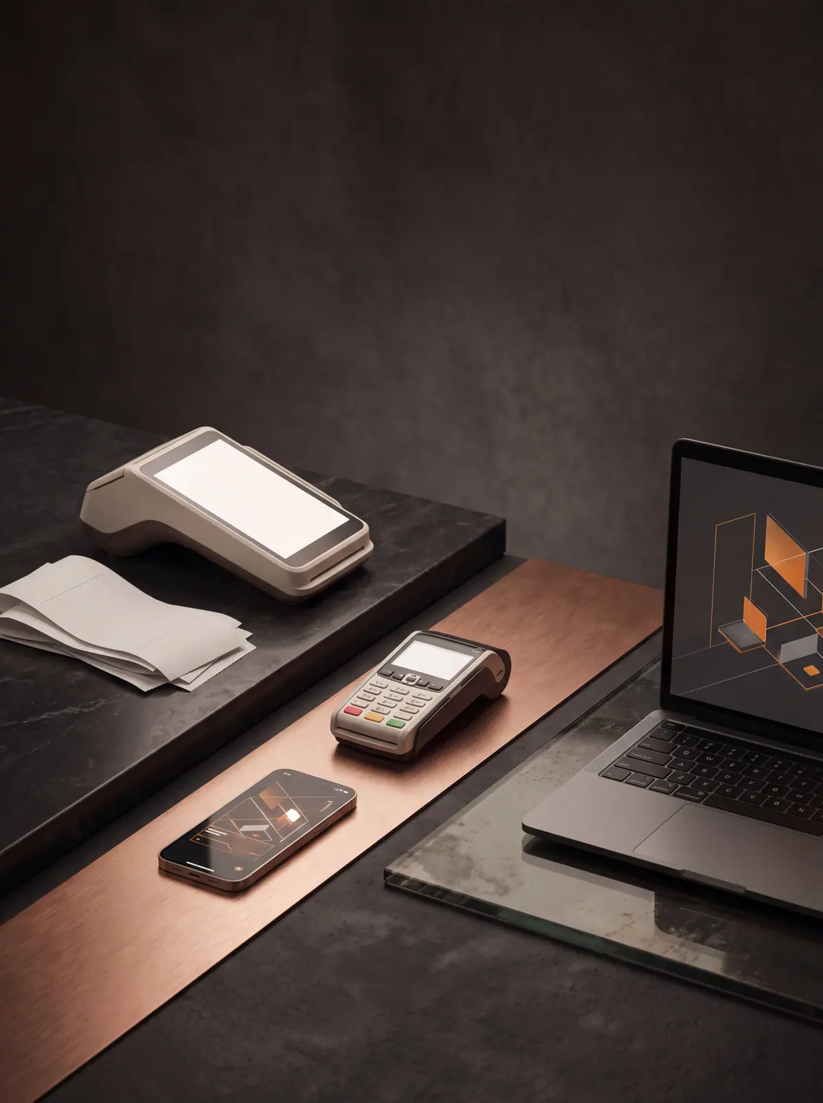 Illustration of a payment terminal, a card reader, a smartphone and a laptop arranged on a dark copper-toned desk.