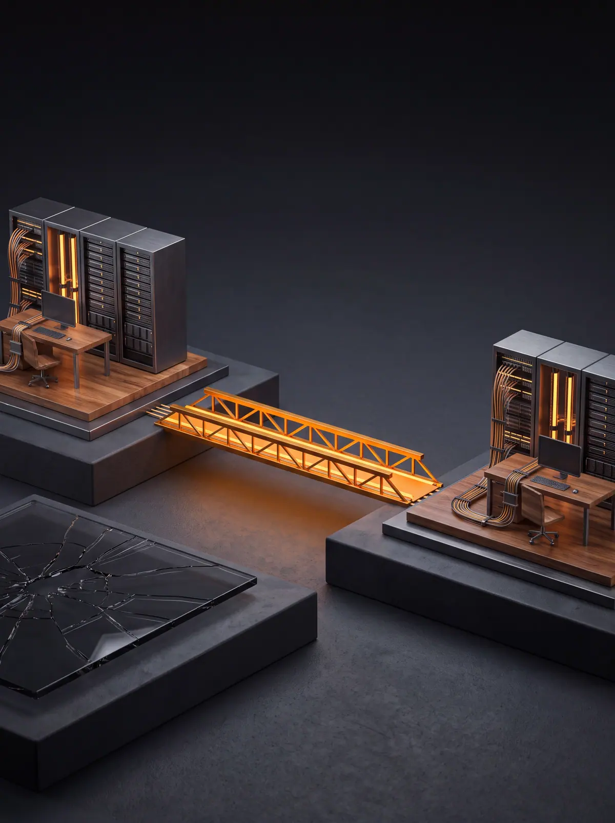 Illustration of two small server-rack models on dark plinths joined by a glowing orange bridge, with a floor plan sheet in the foreground.